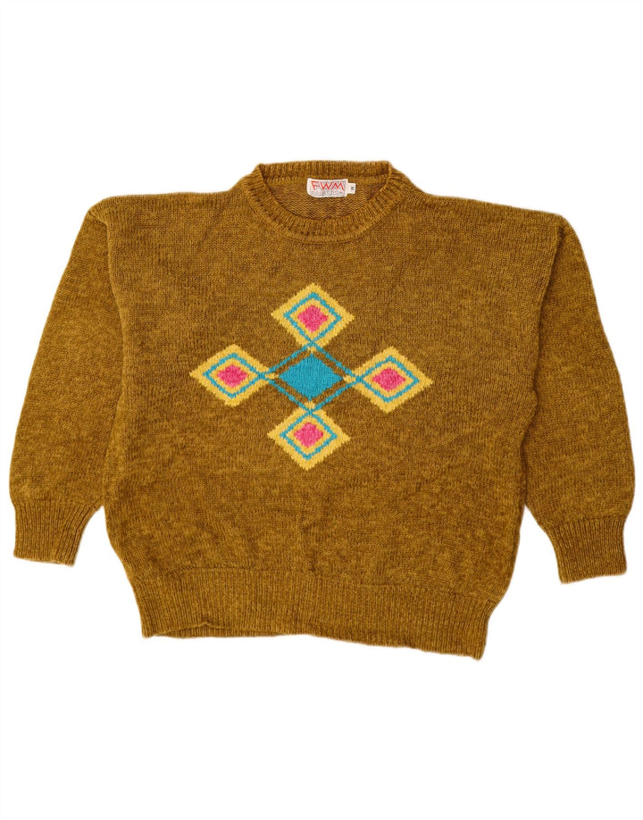 VINTAGE Pull ras du cou pour femme UK 14 Kaki moyen Argyle/Diamant