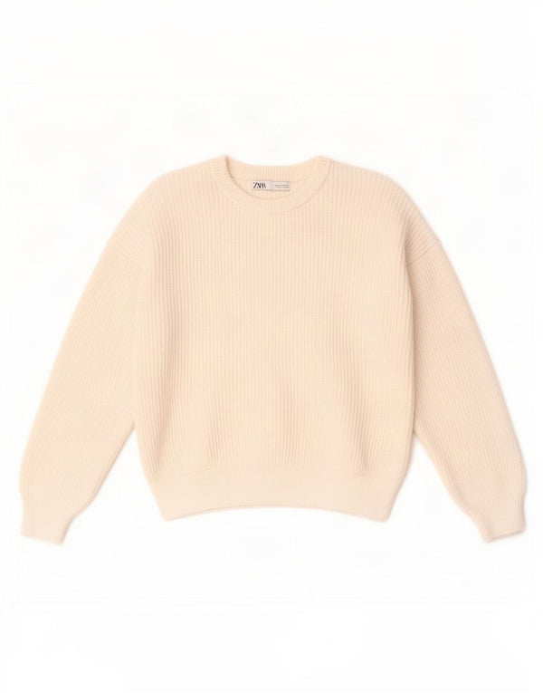 Zara Pull à col rond pour femme UK 14 Viscose blanc moyen