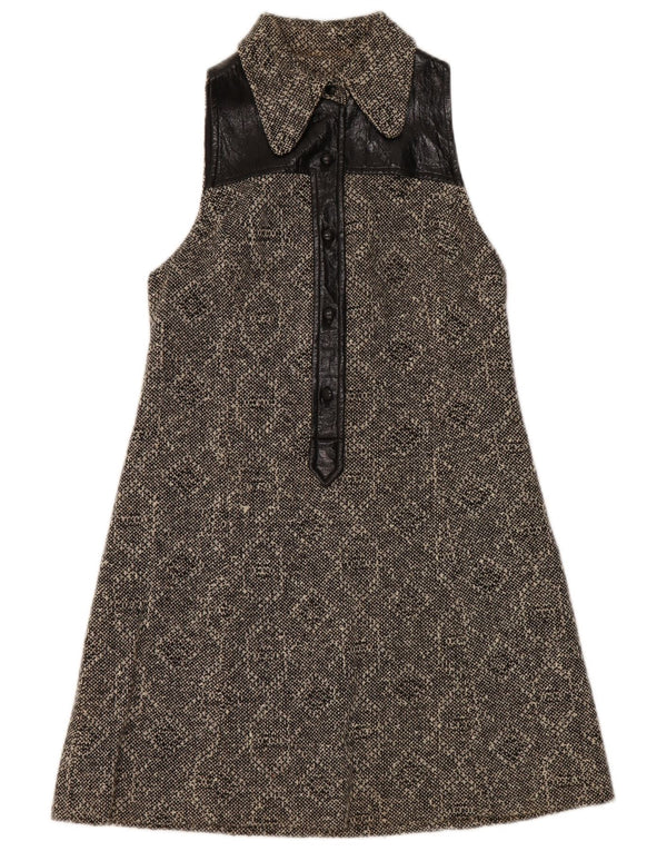 vintage Womens Robe A-Line sans manches UK 8 Petit Noir Géométrique