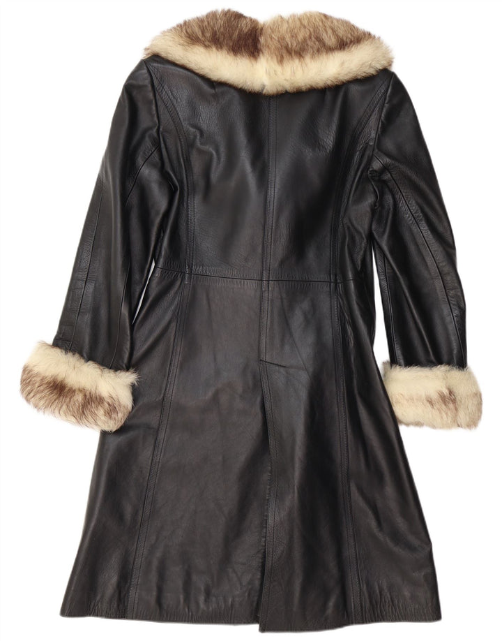 VINTAGE Manteau en cuir femme UK 12 Moyen Noir