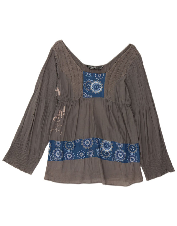 Desigual Womens Graphic Long Sleeve Blouse Top UK 16 Large Gris Géométrique