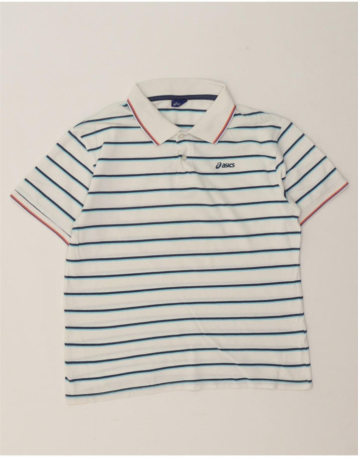ASICS Boys Polo Shirt 13-14 Years Medium White Striped Cotton Vintage Asics and Second-Hand Asics from Messina Hembry 