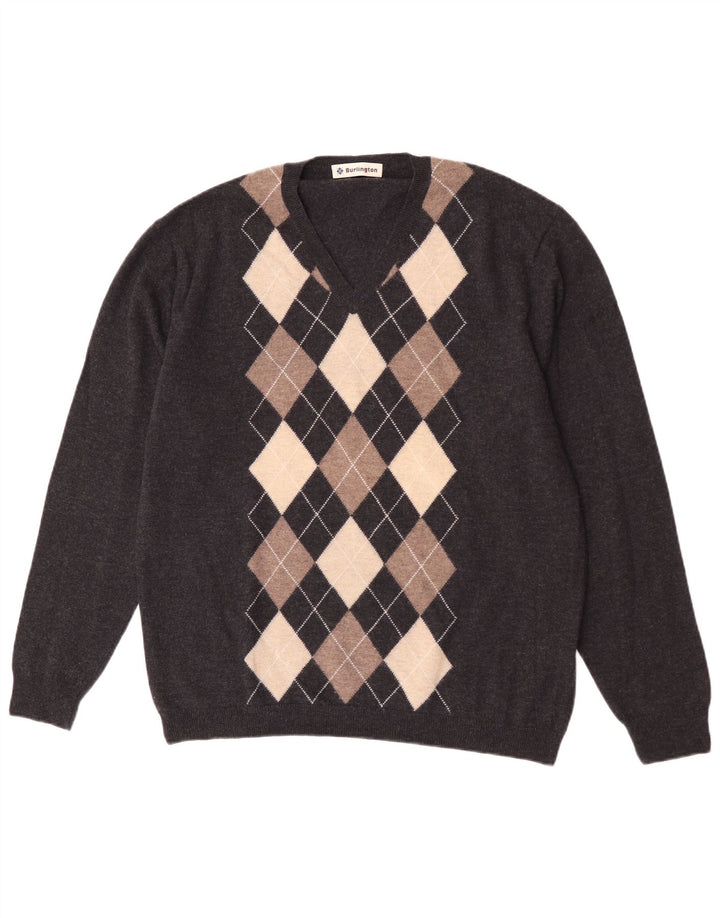 Burlington Pull col V pour homme IT 52 Large Gris Argyle/Diamant
