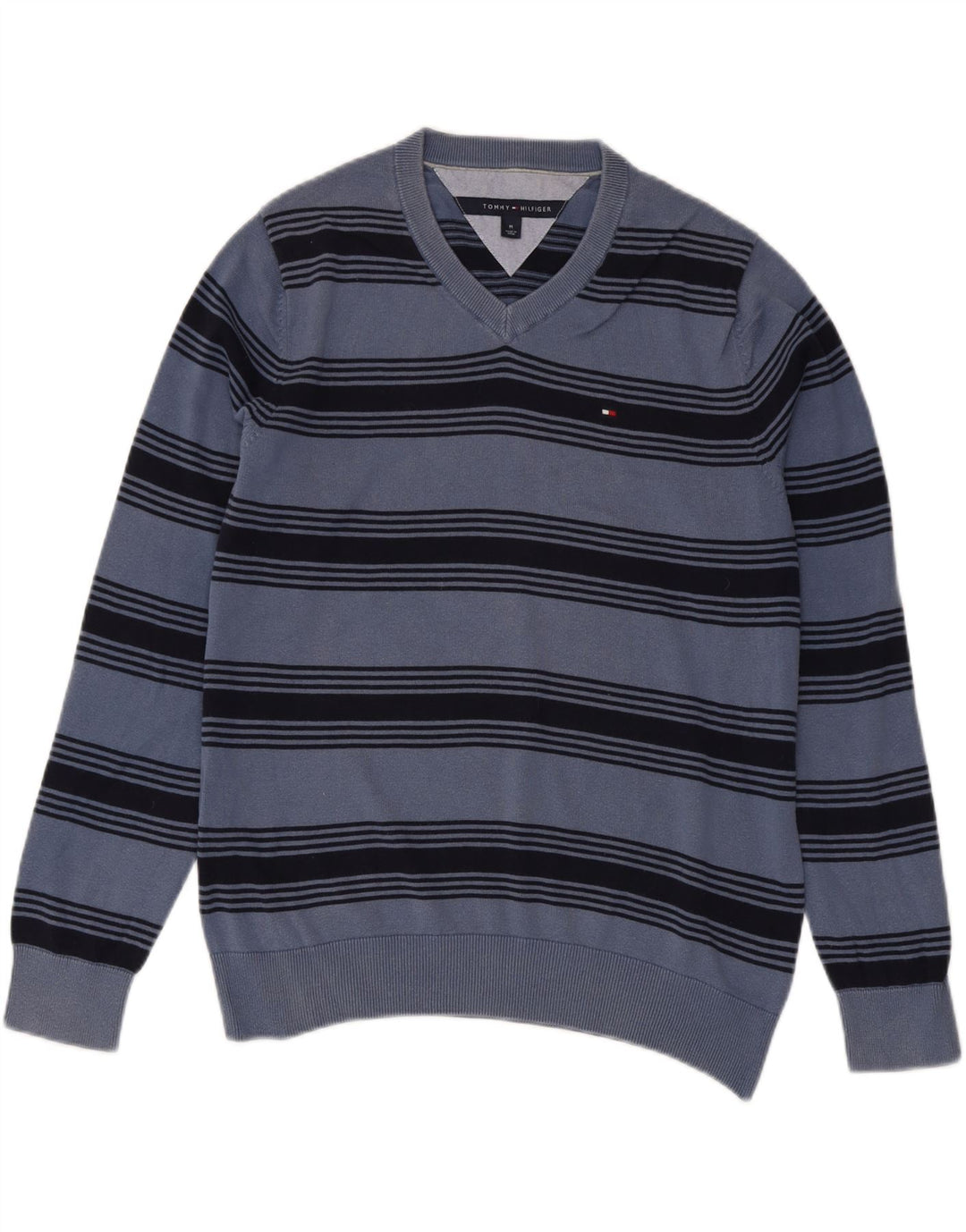 TOMMY HILFIGER Pull Col V Homme Bleu Moyen Rayé Coton