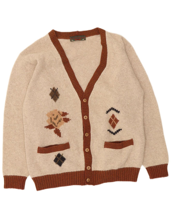 Vintage Mens Cardigan Sweater Small Beige Argyle/Diamond Wool