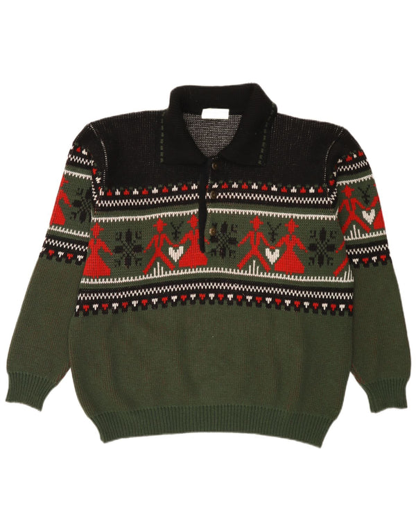 vintage Mens Polo Neck Jumper Pull Moyen Kaki Fair Isle Acrylique