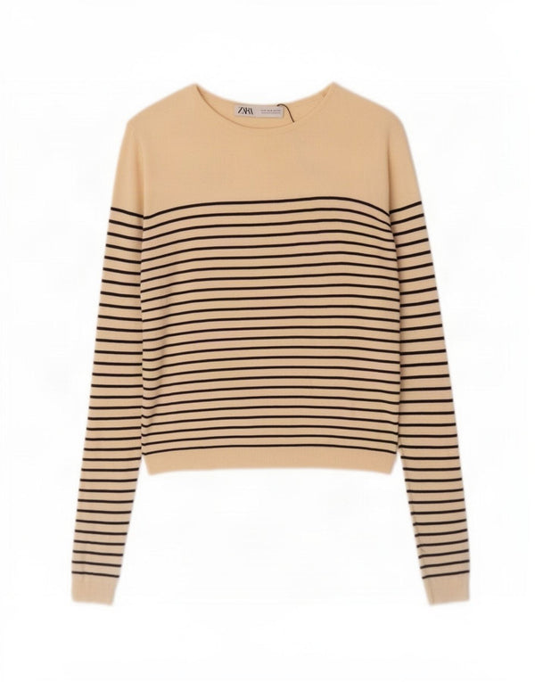 Zara Womens Boat Neck Jumper Sweater UK 10 Small Beige Striped Viscose