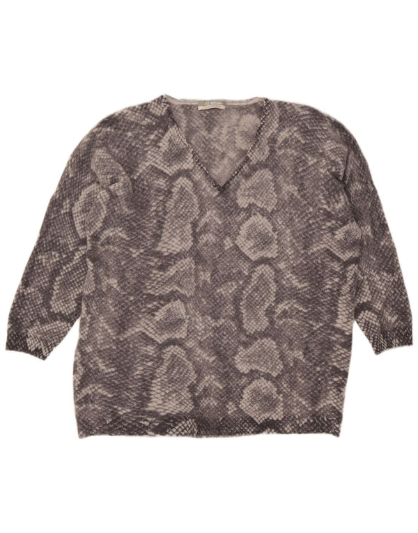 Marks & Spencer Womens V-Neck Jumper Sweater UK 22 2XL Grey Animal Print