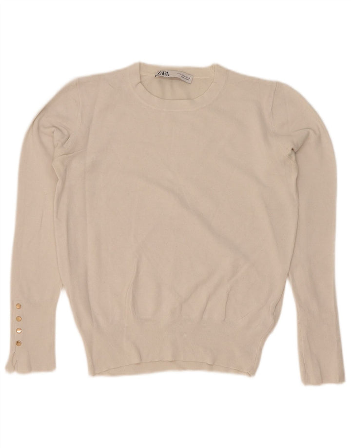 Zara Pull à col rond pour femme UK 12 Viscose blanc moyen