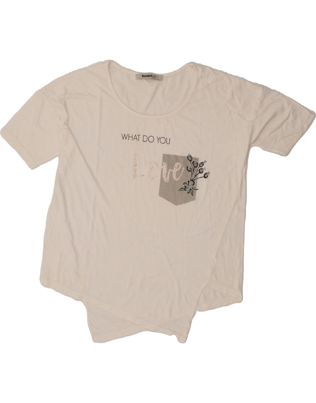 DESIGUAL Womens Graphic Asymmetric Blouse Top UK 16 Large White Vintage Desigual and Second-Hand Desigual from Messina Hembry 