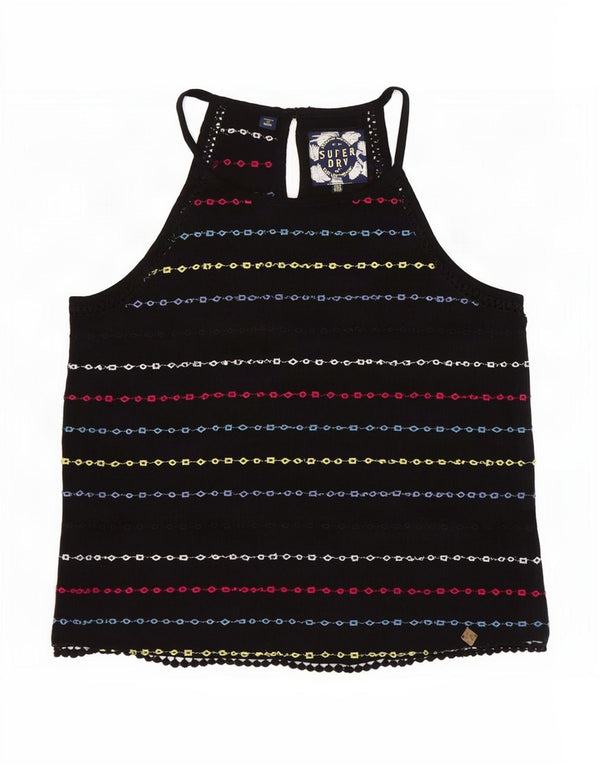 Superdry Femme Crop Halter Top UK 10 Petit Noir Rayé Viscose