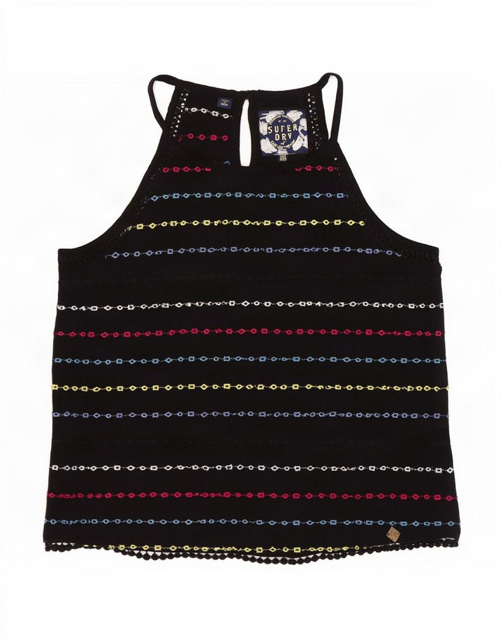 Superdry Femme Crop Halter Top UK 10 Petit Noir Rayé Viscose