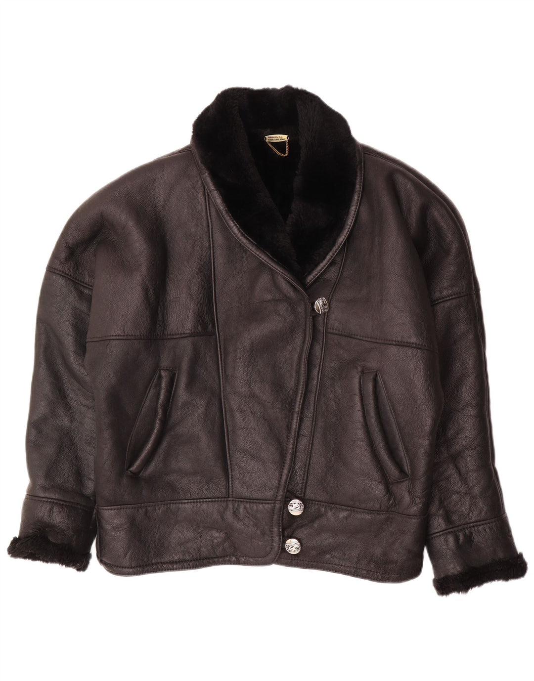 VINTAGE Veste en peau de mouton surdimensionnée pour femme UK 18 XL Peau de mouton noire