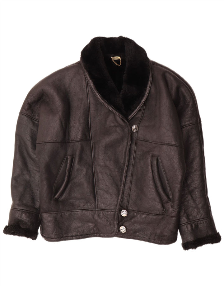 VINTAGE Veste en peau de mouton surdimensionnée pour femme UK 18 XL Peau de mouton noire