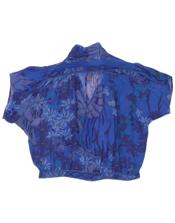 vintage Femmes Voir à travers la chemise à manches courtes Blouse UK 18 XL Bleu Floral