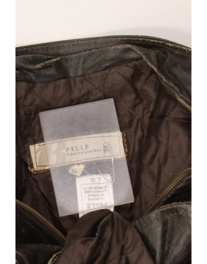 VINTAGE Veste en cuir à manches 3/4 femme UK 14 Cuir marron moyen