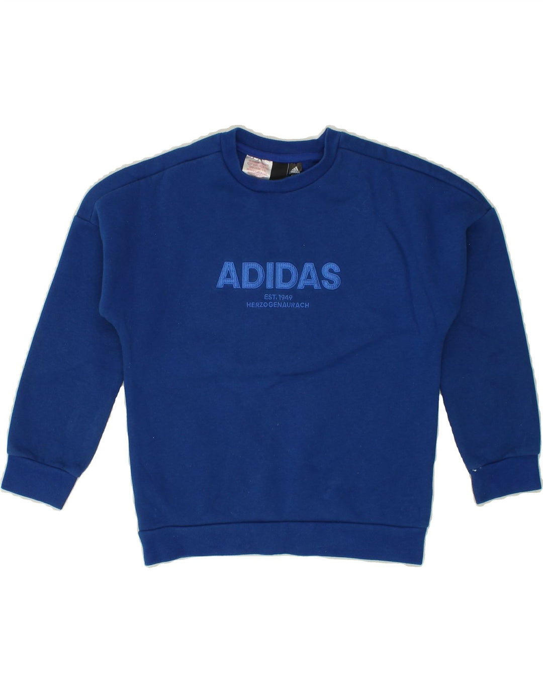ADIDAS Boys Graphic Sweatshirt Jumper 7-8 Years Blue Cotton Vintage Adidas and Second-Hand Adidas from Messina Hembry 
