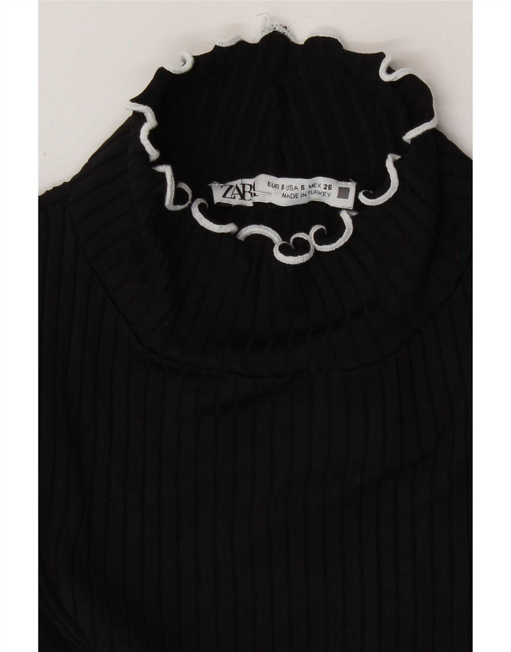 Zara Femme Crop Blouse Top UK 8 Small Noir Polyamide