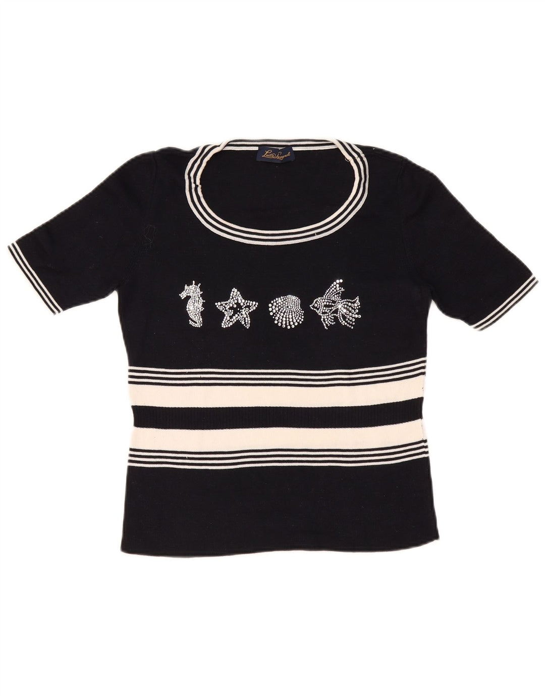 LUISA SPAGNOLI Pull graphique à col bateau pour femme UK 14 Large Noir