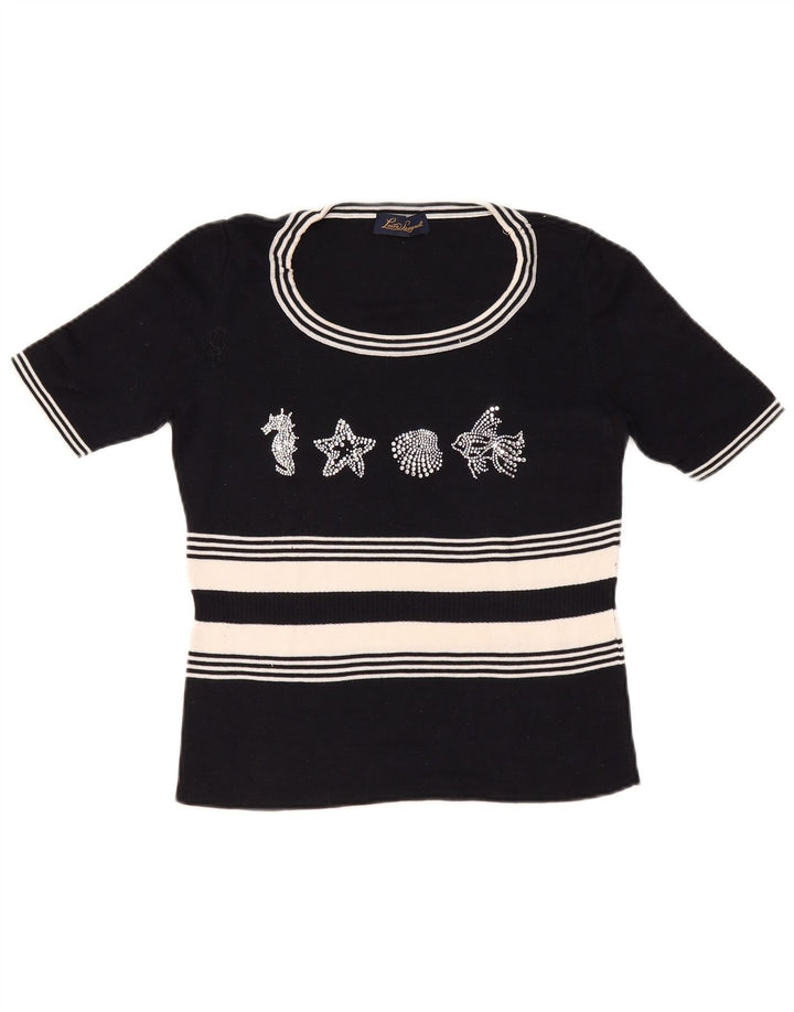 LUISA SPAGNOLI Pull graphique à col bateau pour femme UK 14 Large Noir