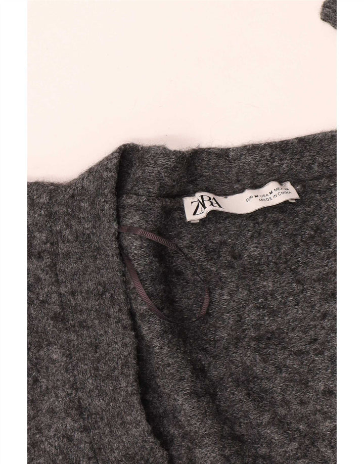 Zara Womens Crop Cardigan Sweater UK 14 Gris Moyen Moucheté