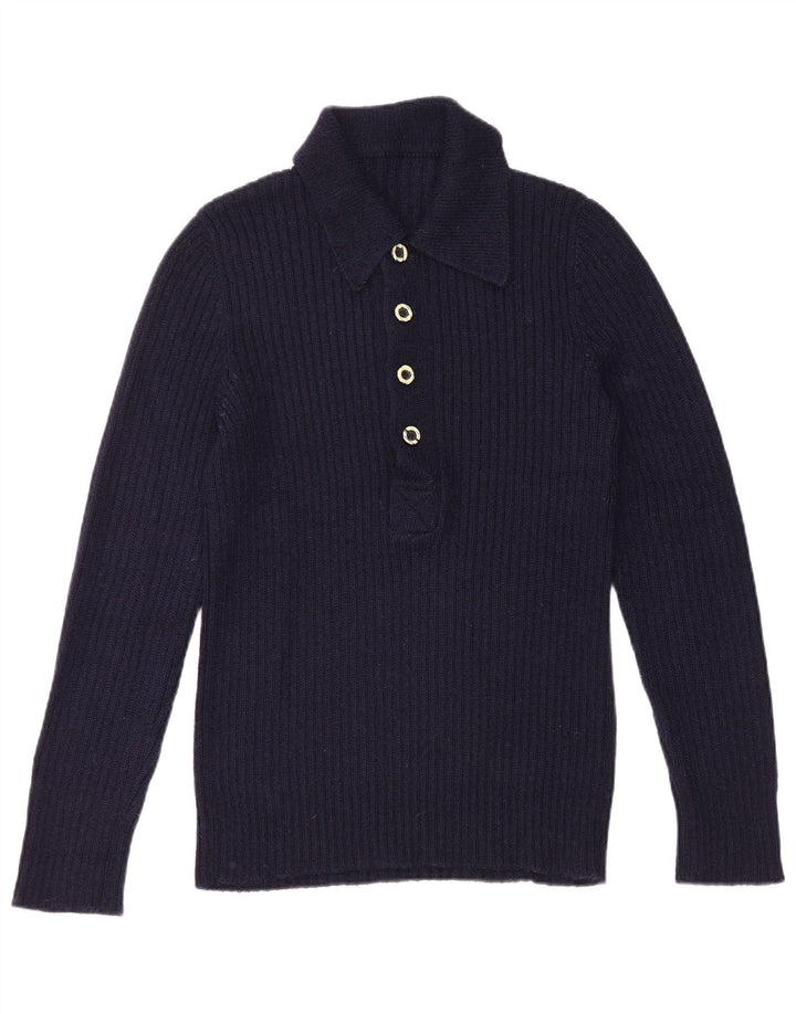 vintage Homme Polo Neck Jumper Pull Petit Bleu Marine