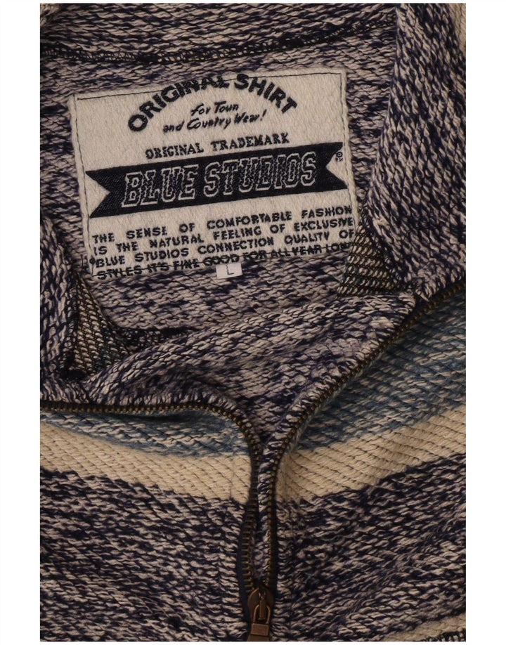 vintage Mens 1/4 Zip Sweatshirt Jumper Bleu Moyen Rayé Rétro