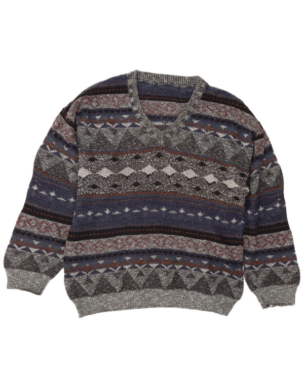vintage Mens V-Col Jumper Pull Grand Multicolore Fair Isle
