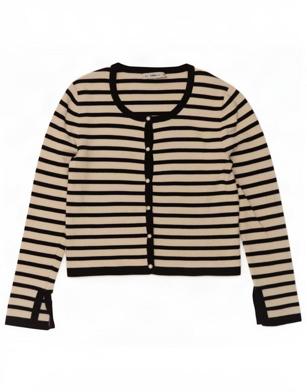 Zara Womens Crop Cardigan Sweater UK 14 Grande Viscose Rayée Blanche