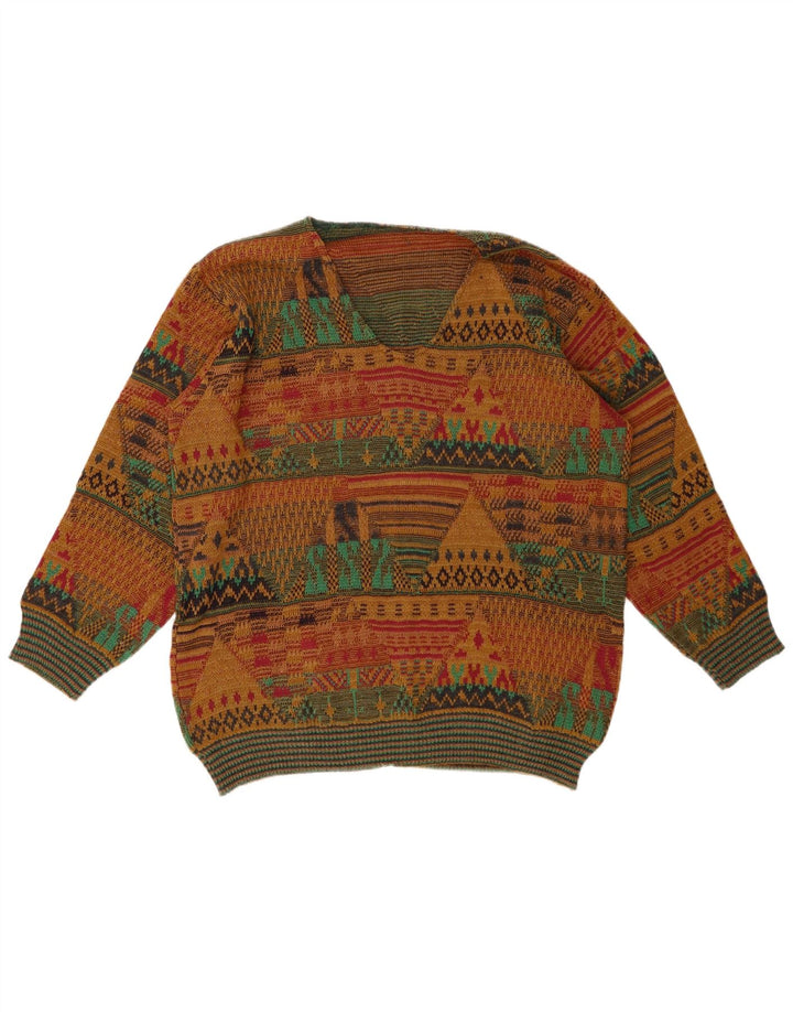 VINTAGE Pull col V pour homme en laine géométrique multicolore moyenne