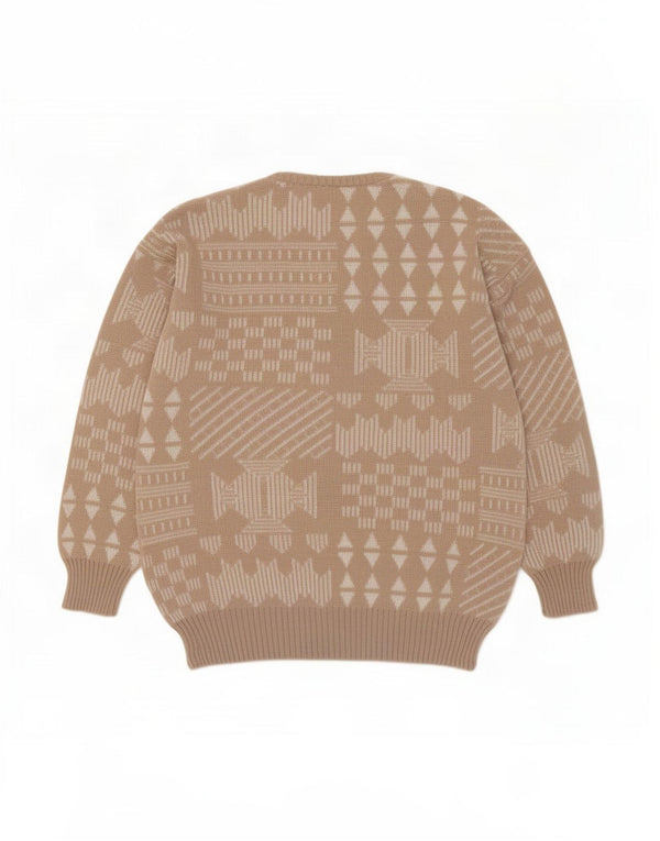 vintage Mens Crew Neck Jumper Pull IT 48 Moyen Beige Patchwork Laine