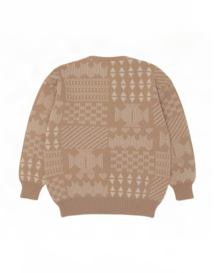 vintage Mens Crew Neck Jumper Pull IT 48 Moyen Beige Patchwork Laine