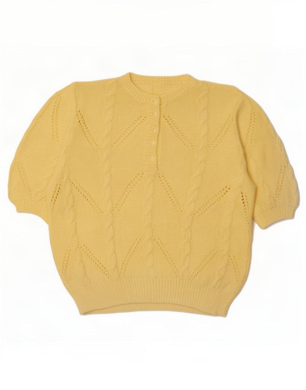 vintage Femmes Manches Courtes Bouton Cou Jumper Pull UK 18 XL Jaune