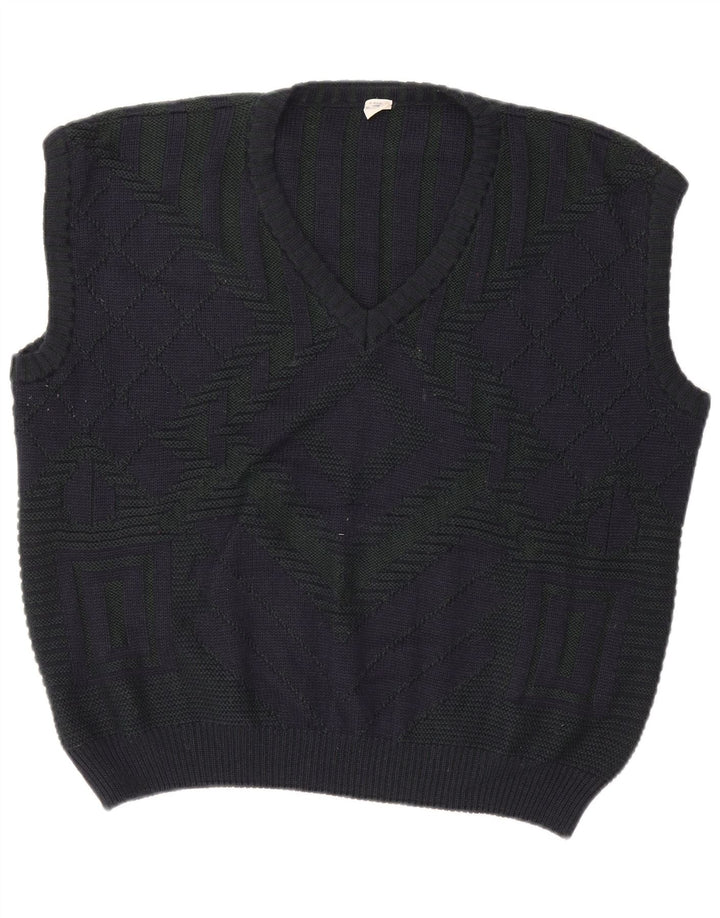 VINTAGE Mens Vest Tank Top XL Navy Blue Geometric Wool