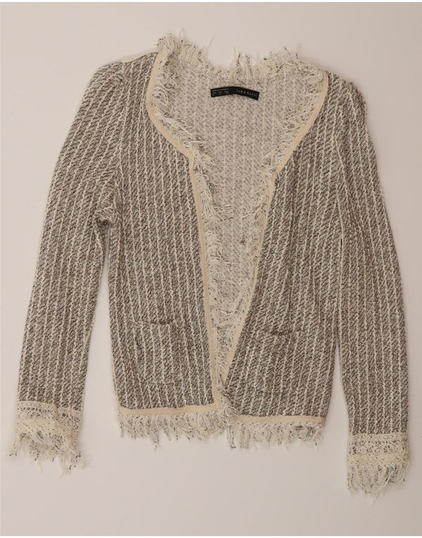 Zara Womens Open Cardigan Sweater UK 12 Gris Moyen Rayé