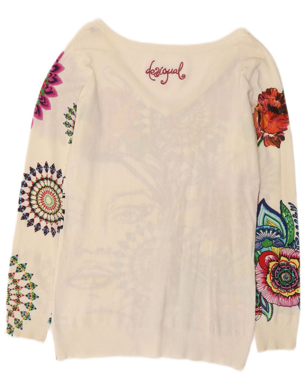 Desigual Pull graphique à col en V pour femme UK 14 Large Blanc Floral