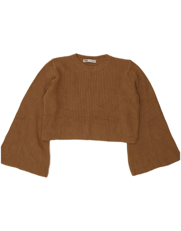 Zara Pull court surdimensionné à col bateau pour femme UK 10 Petit Beige