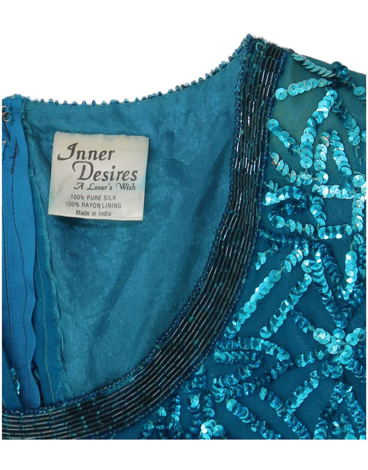 vintage Femme Sequin Shift Robe UK 14 Grande Soie Bleue