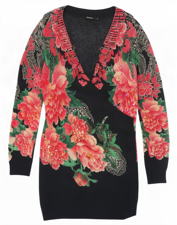 Desigual Pull long col en V pour femme UK 12 Medium Noir Floral