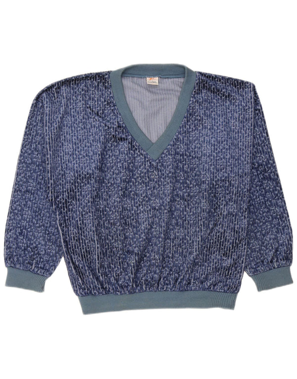 vintage Mens Velour Sweatshirt Jumper Moyen Bleu Pinstripe Polyester