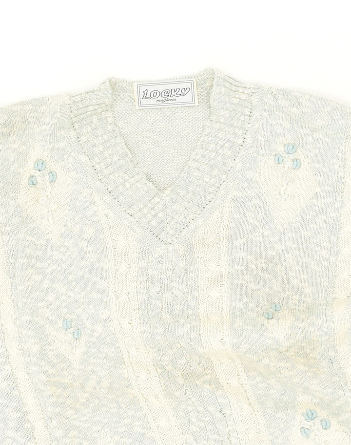 VINTAGE Womens V-Neck Jumper Sweater UK 12  Medium Blue Floral Cotton | Vintage Vintage | Thrift | Second-Hand Vintage | Used Clothing | Messina Hembry 