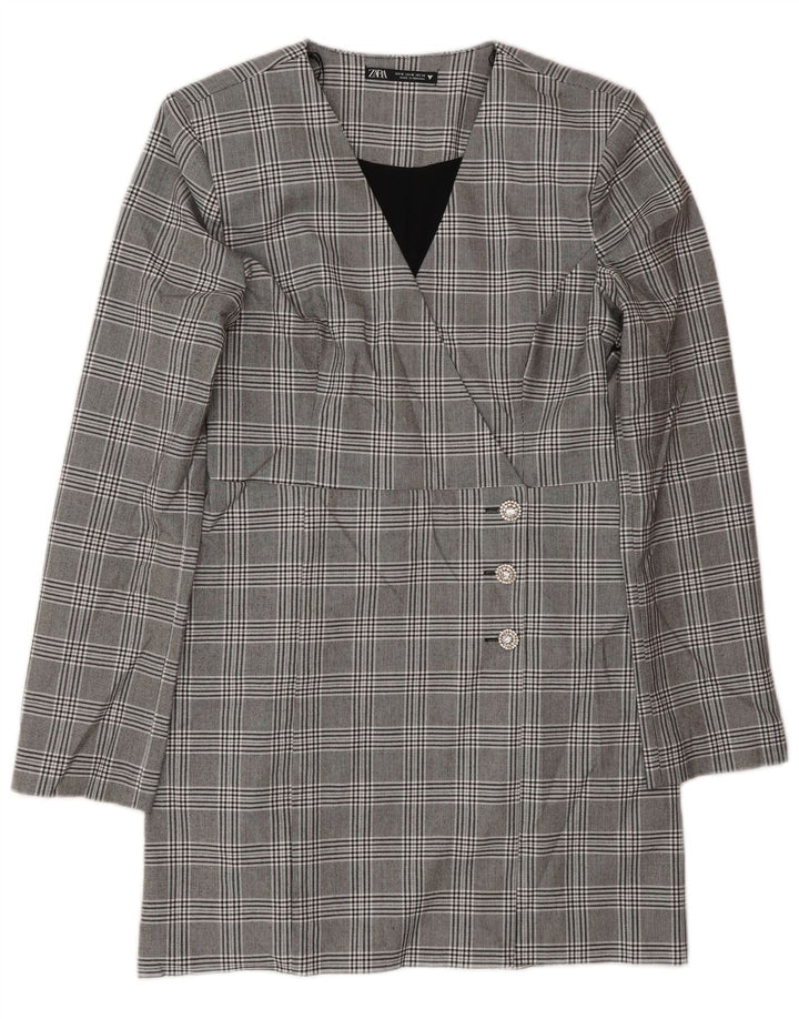 Zara Robe droite à manches longues pour femme UK 12 Gris moyen à carreaux en polyester