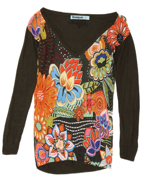 Desigual Pull long col en V pour femme UK 10 Petit vert floral