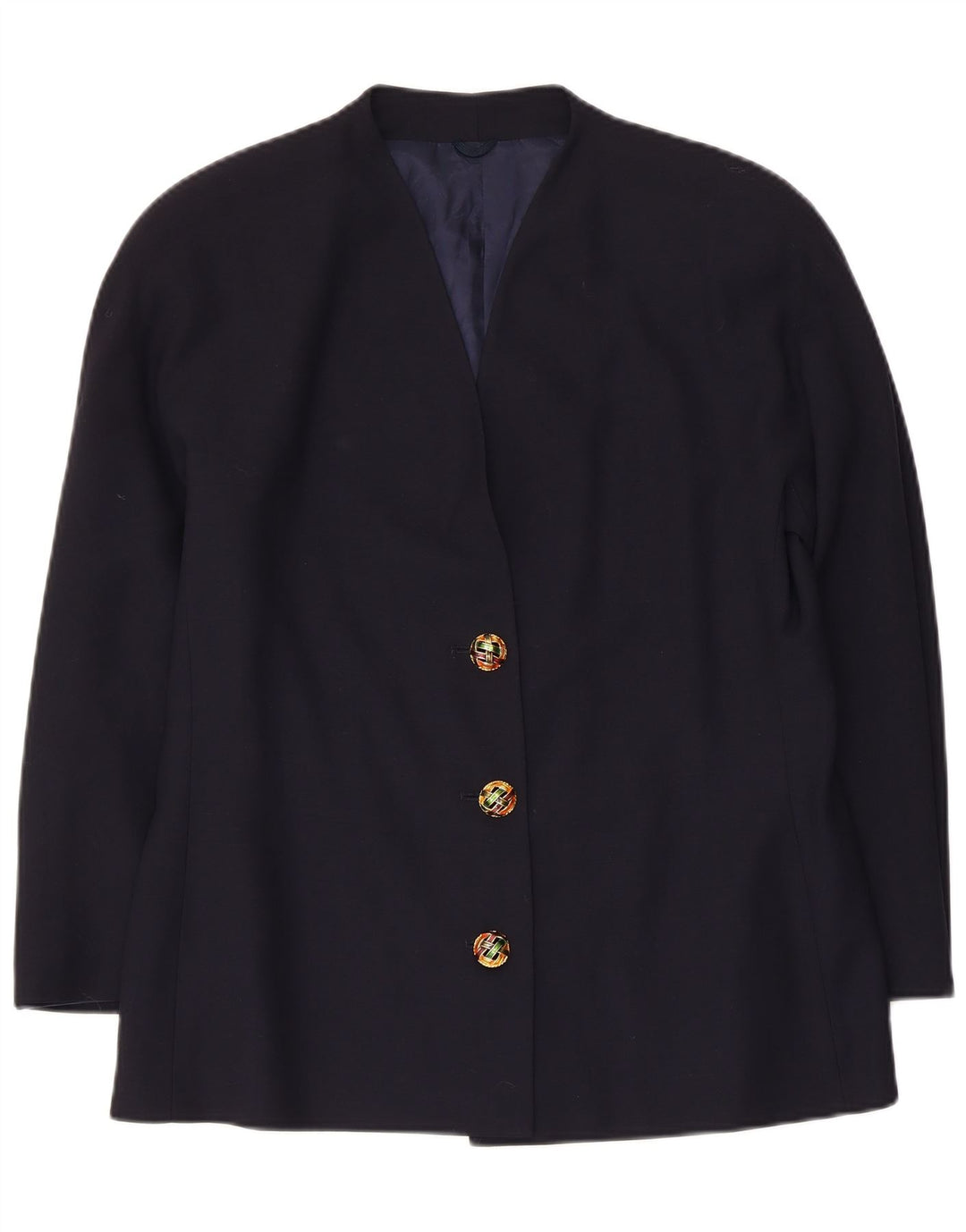 vintage Femme 3 Bouton Blazer Veste IT 48 XL Bleu Marine Laine Vierge