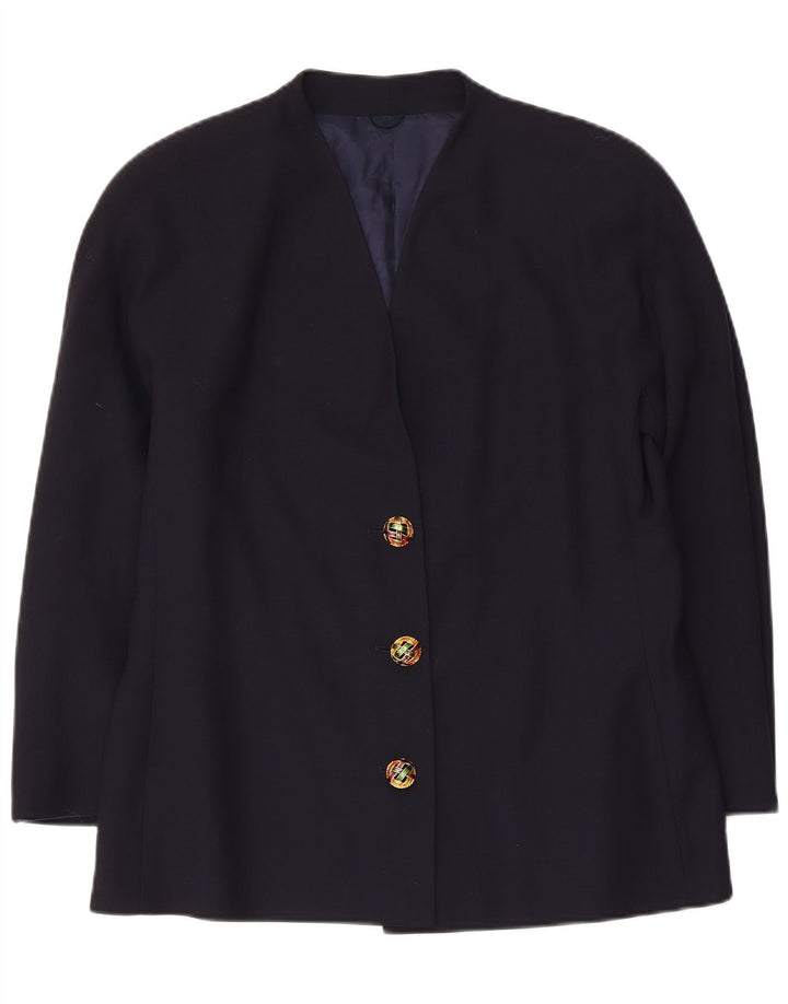 vintage Femme 3 Bouton Blazer Veste IT 48 XL Bleu Marine Laine Vierge