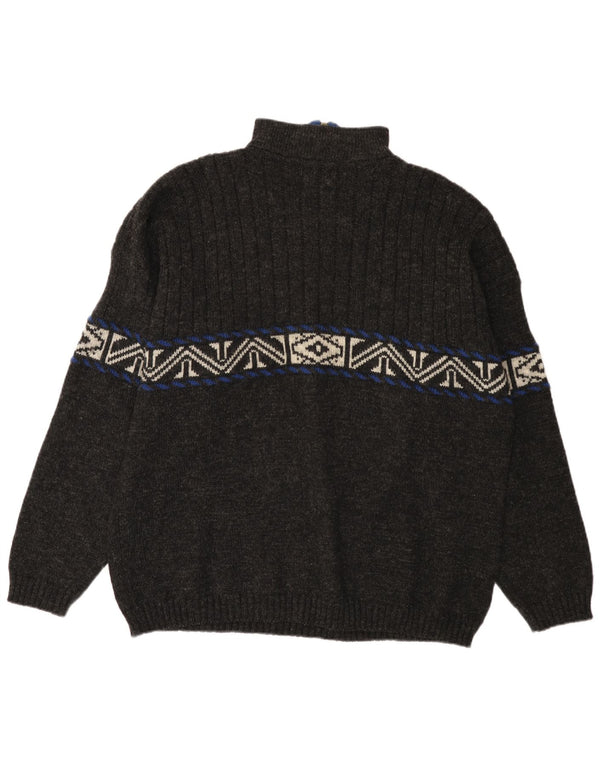 vintage Mens Zip Neck Jumper Pull XL Gris Fair Isle Nouvelle Laine