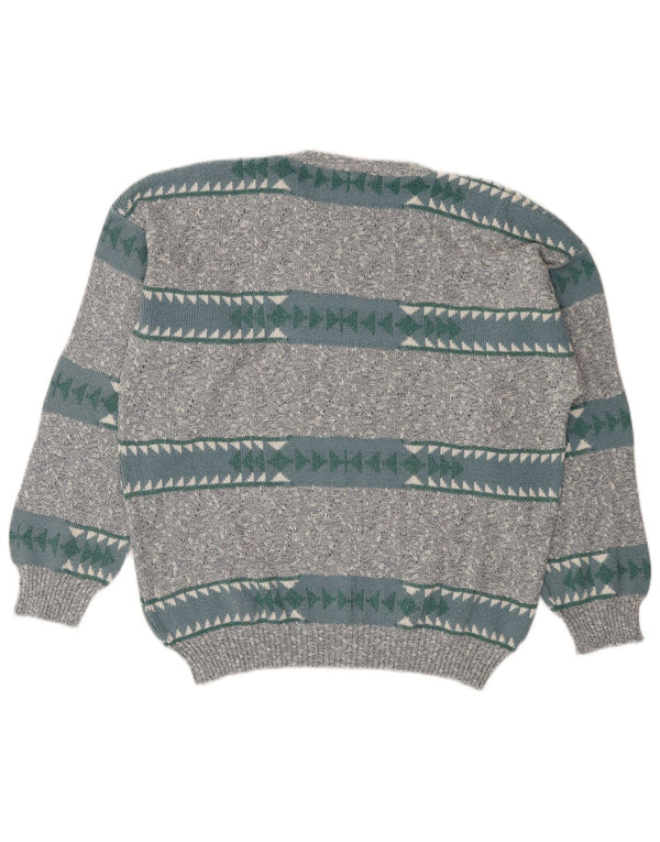 vintage Mens Crew Neck Jumper Pull IT 50 Coton Géométrique Gris Moyen