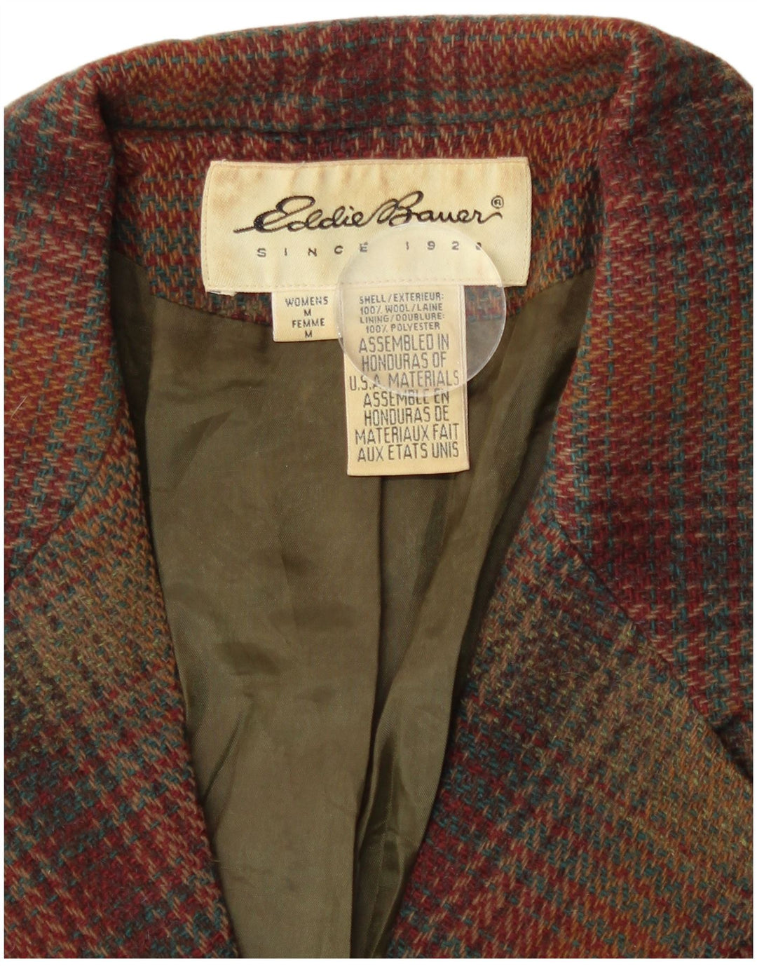 Eddie Bauer Veste blazer à 3 boutons pour femme UK 14 en laine à carreaux marron moyen