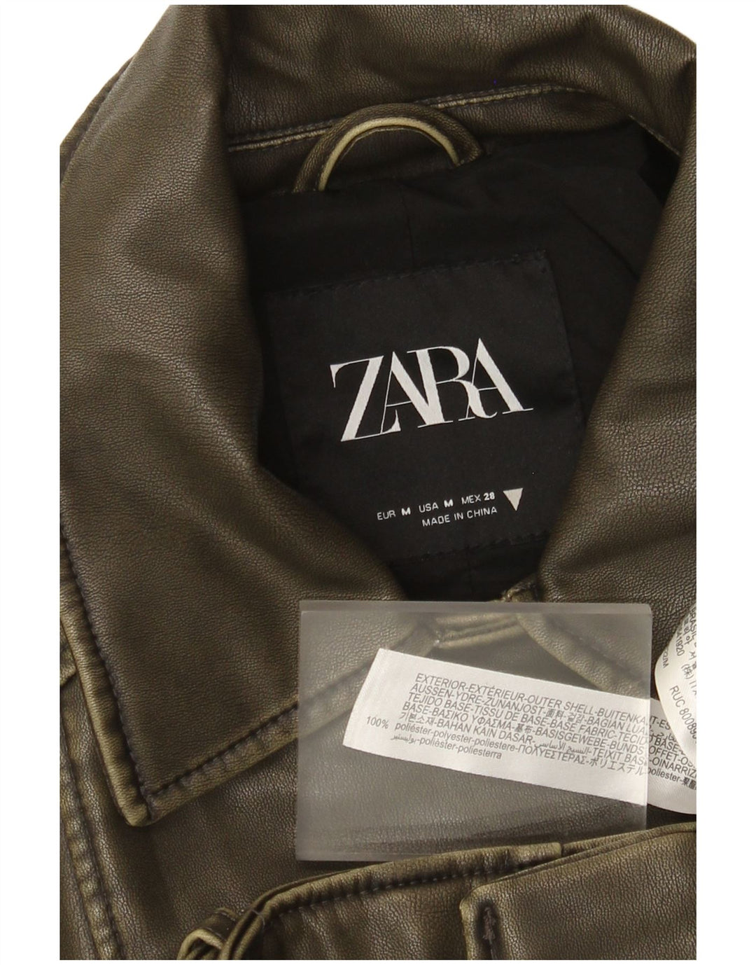 Zara Veste de motard courte en similicuir pour femme UK 14 Vert moyen Polyester