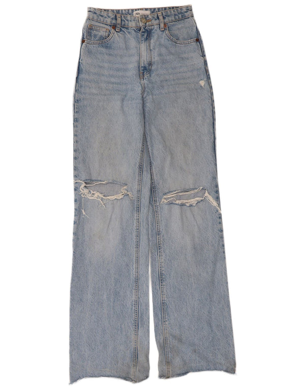 Zara Jean à jambe large en détresse pour femme EU 34 2XS W24 L34 Bleu Coton